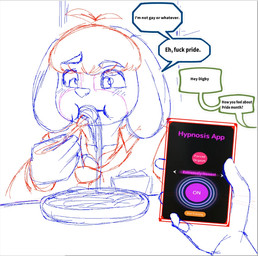 anthro cellphone_app duo eating first_person_view imminent_hypnosis male orientation_play phone_screen profanity spagetti straight_to_gay text crossman animal_crossing nintendo digby_(animal_crossing) canid canine canis domestic_dog mammal english_text