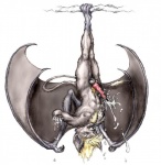 balls bat_wings bodily_fluids body_hair branch clinging cum cumshot dangling ejaculation erection front_view genital_fluids genitals grey_nipples hanging_by_feet hanging_from_branch happy_trail holding_penis in_tree male membrane_(anatomy) membranous_wings muscular muscular_male nipples nude orgasm penis plant pubes solo tail tail_tuft tree tuft upside_down wings chiropteradaemonicus bat mammal full-length_portrait portrait