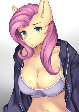 anthro big_breasts bra breasts cleavage clothed clothing eyebrows eyelashes female fur hair inner_ear_fluff jacket looking_at_viewer navel pink_hair simple_background solo strap_gap teal_eyes topwear tuft underwear white_background yellow_body yellow_fur kironzen friendship_is_magic hasbro my_little_pony fluttershy_(mlp) equid mammal 2022 absurd_res half-length_portrait hi_res portrait