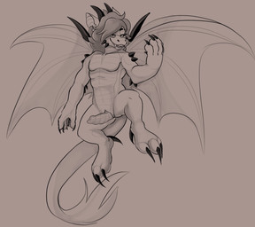ambiguous_gender animal_genitalia anthro claws erection eyelashes feet genital_slit genitals hair horn male nude overbite penis scales slim solo spikes tail teeth wings nudimane mythology jess_mcclover dragon mythological_creature mythological_scalie reptile scalie greyscale hi_res monochrome