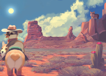 ambiguous_gender beak black_eyes black_nose blue_sky brown_body brown_feathers brown_fur bunchgrass butt butte_(landscape) cactus cactus_flower clothing cloud cowboy_hat dark_eyes dark_nose day desert desert_grass desert_plains desert_plant detailed_background feathers featureless_feet feet feral flower fur group hat headgear headwear heart_tail landscape looking_back mesa_(landscape) monotone_beak mountain multicolored_body multicolored_feathers open_beak open_mouth outside plant quadruped rear_view riding sky snout standing sun tail tan_body tan_butt tan_fur tongue tussock_grass two_tone_body two_tone_feathers white_body white_feathers white_fur yellow_beak young sabtastic anatid anseriform avian bird canid canine canis domestic_dog duck herding_dog mammal pastoral_dog welsh_corgi 2020