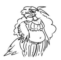 anthro beak black_eyeshadow bottomwear breasts cleavage clothed clothing curly_hair eyeshadow feathers female hair hand_on_hip headgear headkerchief headwear jewelry kerchief long_hair makeup narrowed_eyes navel necklace overweight overweight_female pants pattern_clothing shirt smile solo striped_clothing stripes tail tail_feathers topwear torn_clothing wings tnfdarent avian bird parrot 2023 black_and_white digital_drawing_(artwork) digital_media_(artwork) hi_res monochrome sketch