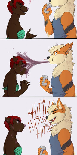anthro beverage can clothed clothing container duo eyewear female glasses humor laugh male open_mouth smile soda standing text wet redpixie nintendo pokemon red_(redpixie) arcanine bear canid canine generation_1_pokemon mammal pokemon_(species) comic english_text hi_res