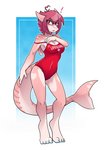 anthro breasts cleavage clothed clothing female hair heart_(marking) heart_symbol lifeguard lifeguard_swimsuit markings navel_outline non-mammal_breasts off_shoulder one-piece_swimsuit pink_body pink_eyes pink_hair red_clothing red_swimwear shocked solo sport_swimsuit swimwear text text_on_clothing text_on_swimwear ambris shrimp_(uk_brony) fish marine shark digital_media_(artwork) hi_res shaded