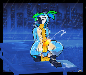 anthro belly bioluminescence bioluminescent_penis blue_body bodily_fluids city cityscape clear_clothing clothing cum cum_on_feet cum_on_own_feet cum_on_self cumshot ejaculation exhibitionism eyes_closed eyewear feet genital_fluids genitals glasses glowing glowing_genitalia glowing_penis hair hands-free hands_behind_back leaning leaning_backward male night penis poncho ponytail public public_ejaculation public_nudity puddle raining rainstorm round_glasses solo yellow_belly meatyr mitchell_(meatyr) ara_(genus) avian bird blue-and-yellow_macaw macaw neotropical_parrot parrot true_parrot absurd_res hi_res