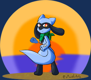 ambiguous_gender aura bandage eye_scar facial_scar looking_at_viewer looking_back looking_back_at_viewer missing_arm paws satchel scar scarf smile solo standing sunset noodleartz nintendo pokemon pokemon_mystery_dungeon spike_chunsoft rya_(noodleartz) canid canine generation_4_pokemon mammal pokemon_(species) riolu alpha_channel digital_media_(artwork) hi_res