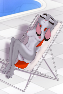 3_toes anthro black_ear_tips breasts camel_toe detailed_background dipstick_ears ear_markings ears_down eyes_closed feet female floppy_ears fur genitals grey_body grey_fur hands_behind_head knees_pulled_up legs_together legs_up light_body light_fur markings multicolored_ears navel nipples pivoted_ears poolside raised_tail relaxing smile solo swimming_pool tail toes vulva furbeyond disney zootopia judy_hopps lagomorph leporid mammal rabbit 2:3 absurd_res digital_media_(artwork) full-length_portrait hi_res portrait shaded soft_shading