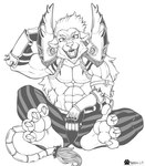 2024 abs anthro bottomwear claws clothed clothing dyna_hero_fur_hire fangs felid fur fur_hire gloves hair handwear lion looking_at_viewer male mammal marcushunter monochrome muscular muscular_anthro muscular_male open_mouth pantherine pants shoulder_pads signature sitting solo spikes tail tail_tuft teeth toe_claws topless topless_anthro topless_male tuft wide_eyed yu-gi-oh!