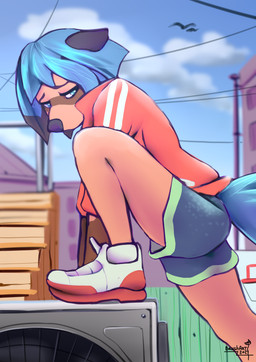 anthro clothing female footwear shoes sky solo brushart brand_new_animal studio_trigger michiru_kagemori canid canine mammal raccoon_dog tanuki absurd_res hi_res