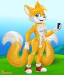 2_tails abs animal_genitalia anthro blue_eyes casual_nudity clothing eyelashes footwear fur genitals gloves handwear male multi_tail nude orange_body orange_fur outside sheath shoes solo tail white_body white_clothing white_fur white_gloves white_handwear smartwhitefang sega sonic_the_hedgehog_(series) miles_prower canid canine fox mammal hi_res signature