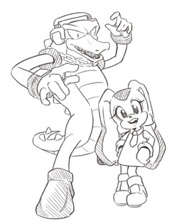 anthro back_spikes chain_necklace clothing dress duo electronics female floppy_ears footwear gloves handwear headphones jewelry lop_ears male necklace shoes size_difference smile snout spiked_tail spikes spikes_(anatomy) tail teeth eruueue sega sonic_the_hedgehog_(series) cream_the_rabbit vector_the_crocodile crocodile crocodilian lagomorph leporid mammal rabbit reptile scalie hi_res monochrome