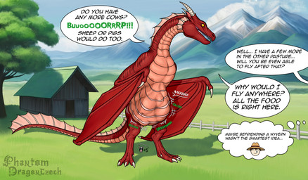 after_vore belly big_belly building claws dialogue feral feral_pred feral_prey grass group horn house mountain plant red_belly red_body red_legs red_wings rumbling_stomach speech_bubble talking_feral text tree vore white_claws white_horn wings yellow_eyes dragonczech mythology bovid bovine cattle dragon human mammal mythological_creature mythological_scalie scalie 2025 english_text hi_res watermark