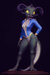 2022 2:3 3_toes 3d_(artwork) anthro barefoot bethesda_softworks bottomless breasts claws clothed clothing curved_horn deathclaw digital_media_(artwork) digitigrade fallout feet female hi_res horn kobold multicolored_body non-mammal_breasts pupils scalie shirt shydale slit_pupils solo spikes spikes_(anatomy) standing toe_claws toes topwear torn_clothing two_tone_body two_tone_tail vault_suit vein yellow_eyes yellow_sclera
