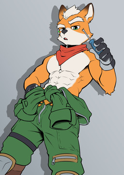 abs anthro black_clothing black_gloves black_handwear black_nose clothed clothing featureless_chest fur gloves green_eyes green_jumpsuit grey_background hair hand_on_hip hand_on_own_hip handwear holding_object holding_screwdriver holding_tool kerchief looking_at_viewer looking_down looking_down_at_viewer low-angle_view male muscular muscular_anthro muscular_arms muscular_male neckerchief neckwear open_mouth orange_body orange_fur pink_tongue red_kerchief red_neckerchief screwdriver simple_background solo standing tan_body tan_fur tan_hair tan_inner_ear tongue tools topless topless_anthro topless_male anjing_kampuss nintendo star_fox the_super_mario_galaxy_movie fox_mccloud canid canine fox mammal digital_drawing_(artwork) digital_media_(artwork) english_description hi_res