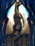 anthro blue_eyes butt female fur grey_body grey_fur long_neck looking_at_viewer looking_back nude solo standing tattoo smexyoryx camel camelid mammal 2017 hi_res