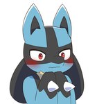 ambiguous_gender anthro black_body black_eyes black_hands black_inner_ear blue_arms blue_body blue_ears blush fur iris multicolored_body red_eyes simple_background solo white_background yellow_body yellow_fur sum nintendo pokemon canid canine generation_4_pokemon lucario mammal pokemon_(species)