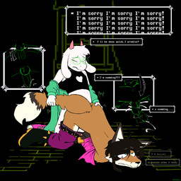 anal anal_orgasm anal_penetration anthro apology arms_tied balls bodily_fluids bottomwear bottomwear_down bound clothed clothing cum cum_in_ass cum_inside duo ejaculation femboy floor_sex genital_fluids genitals hands-free humanoid_genitalia humanoid_penis improvised_bondage josou_seme male male/male male_penetrated male_penetrating male_penetrating_male orgasm pants pants_down partially_clothed penetration penile penile_penetration penis penis_in_ass questionable_consent sex text shibbabes deltarune undertale_(series) ralsei saiga_(shibbabes) bovid canid canine caprine fox goat mammal 1:1 absurd_res english_text hi_res