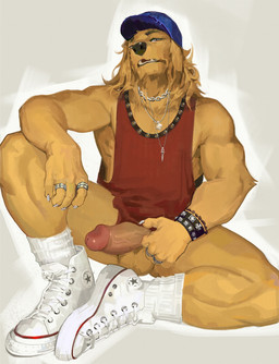anthro balls baseball_cap blue_baseball_cap blue_clothing bottomless clothed clothing converse_shoes erection footwear fur genitals glans hat headgear headwear holding_penis jewelry looking_at_viewer male necklace penis red_clothing red_shirt red_topwear ring shirt shoes sneakers socks solo topwear white_clothing white_footwear white_shoes white_sneakers white_socks wristband yellow_body yellow_fur red8ean chuck_taylor_all_stars converse canid canine mammal digital_media_(artwork) hi_res