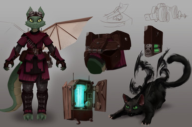 a_pose accessory alternate_costume bag eyewear eyewear_on_head fantasy female furgonomics goggles goggles_on_head green_body solo tail tail_accessory tail_bag yellow_eyes horustheblind dungeons_and_dragons hasbro wizards_of_the_coast flurp domestic_cat felid feline felis kobold mammal scalie concept_art