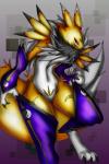 ambiguous_gender anthro armwear black_nose black_sclera chest_tuft claws clothing elbow_gloves fur gloves handwear purple_eyes solo toe_claws tuft white_body white_fur yellow_body yellow_fur yin_yang sakuyako_kyora bandai_namco digimon canid canine digimon_(species) mammal renamon 2014