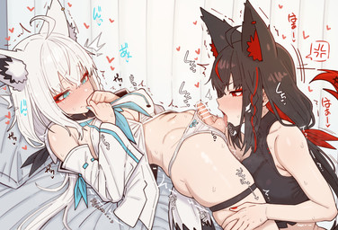 accessory ahoge angry animal_ears ball_lick balls bare_legs bare_shoulders bed black_clothing black_crop_top black_hair black_shirt black_topwear blue_eyes blue_nails blush bodily_fluids breasts clothing clothing_aside colored_nails crop_top duo erect_nipples female fluffy_ears furniture genitals gynomorph gynomorph/female hair hair_accessory hair_between_eyes half-closed_eyes hand_on_mouth heart_symbol highlights_(coloring) intersex intersex/female licking long_hair lying lying_on_bed medium_breasts moan multi_ear nails narrowed_eyes navel nipple_outline nipples on_bed open_mouth oral panties panties_aside penis pillow red_eyes red_nails sex shirt sleeveless_shirt small_penis sweat tears tears_of_pleasure tongue tongue_out topwear trembling_for_pleasure underwear underwear_aside wavy_mouth white_clothing white_hair white_shirt white_topwear shiroi_yoru hololive vtuber kurokami_fubuki shirakami_fubuki animal_humanoid canid canid_humanoid canine canine_humanoid fox_humanoid humanoid mammal mammal_humanoid censored hi_res mosaic_censorship