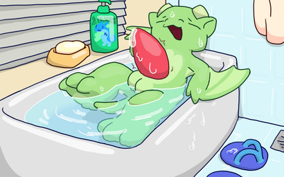 2_horns 3_toes anthro bathing bathroom bathtub big_penis blinds blue_clothing blue_footwear bodily_fluids claws clothing dripping enjoying eyes_closed feet flip_flops footwear genital_fluids genitals green_arms green_body green_ears green_feet green_legs green_tail head_horn horn light_horn light_wings male monotone_horn nude penis pink_penis plantigrade precum precum_drip sandals shampoo_bottle shoes smooth_horn soap_bar solo tail tapering_penis toes towel tremble_lines water_drop wing_claws wings nomani_int32 european_mythology mythology palworld pocketpair wasabi_(nomani_int32) chillet dragon mythological_creature mythological_scalie pal_(species) scalie western_dragon wyvern 16:10 widescreen