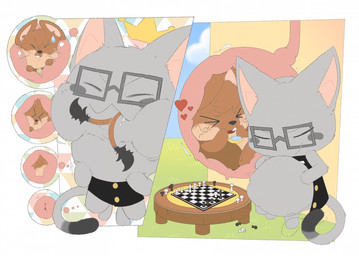 ambiguous_gender ambiguous_pred anthro anthro_pred belly big_belly blush bodily_fluids brown_body brown_fur chess chibi clothed clothing duo endosoma eyewear fur glasses grey_body grey_fur internal oral_vore partially_inside safe_vore saliva smile swallowing vore superconductor fan_character domestic_cat felid feline felis mammal mouse murid murine rodent digital_media_(artwork) hi_res