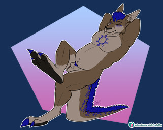 anatomically_correct anatomically_correct_genitalia anthro digitigrade fur genitals kangaroo_genitalia lying male markings multicolored_body multicolored_fur on_tail tattoo tribal tribal_markings tribal_tattoo codyf0xx skoll_(skoll_theroo) kangaroo macropod mammal marsupial alpha_channel