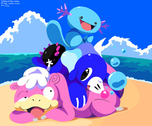 ambiguous_gender beach black_body black_eyes blue_body bubble cloud dog_pile fangs feral group looking_at_another markings open_mouth pink_body pink_eyes sea sky tail teeth tongue water whisker_markings sleepy_sealion nintendo pokemon generation_1_pokemon generation_2_pokemon generation_7_pokemon pokemon_(species) popplio pyukumuku slowpoke wooper 2025 6:5 dated hi_res signature