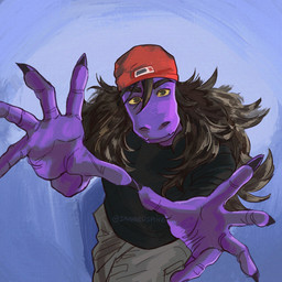 5_fingers abstract_background anthro biped black_hair blue_background clothing cosplay female fingers hair hand_focus hat headgear headwear long_hair looking_at_viewer purple_body simple_background solo text yellow_sclera jaggedspine deltarune limp_bizkit undertale_(series) fred_durst susie_(deltarune) monster scalie 1:1 2025 artist_name hi_res