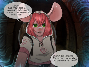 anthro clothed clothing dialogue dungeon female hair looking_at_viewer mouse_ears open_mouth simple_background smile solo speech_bubble teeth text topwear yourumi tilly_(yourumi) mammal mouse murid murine rodent 4:3 comic digital_media_(artwork) english_text