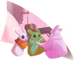 3_fingers ambiguous_gender black_eyes feral fingers glistening glistening_body green_body group kerchief kerchief_only mostly_nude neckerchief neckerchief_only neckwear overweight pink_body trio white_body citrusslugcat rain_world videocult citrus_(slugcat) slugcat