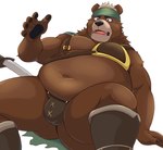 accessory anthro armor belly brown_body brown_fur bulge butt clothed clothing fur hair headband kemono leather leather_strap male melee_weapon navel overweight pawpads skimpy solo straps sword thong unconvincing_armor underwear weapon white_hair syakekuro bear mammal hi_res