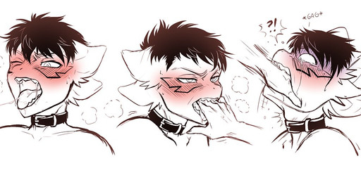 4_ears anthro black_collar black_hair blush bodily_fluids collar crying duo facial_markings finger_in_mouth fingering flustered gagging hair hand_in_mouth head_markings interrobang markings mouth_play multi_ear narrowed_eyes one_eye_closed onomatopoeia open_mouth oral oral_fingering saliva simple_background solo_focus sound_effects steam tears teasing teeth text tongue tongue_out white_background white_body wide_eyed noronori virus_(noronori) felid feline hybrid mammal reptile scalie 2021 bust_portrait digital_media_(artwork) monochrome multiple_images portrait signature sketch spot_color