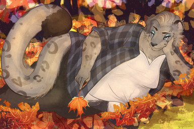autumn big_tail body_hair bulge femboy flannel fluffy happy_trail leaf makeup male overweight overweight_male solo tail qapricore felid feline mammal pantherine snow_leopard 3:2 hi_res