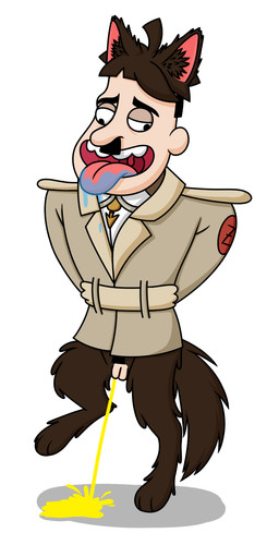 3_toes animal_legs black_eyebrows black_eyes black_facial_hair black_pubes bodily_fluids bowl_cut brown_body brown_ears brown_fur brown_hair brown_legs brown_tail clothed clothing derp_eyes digitigrade drooling ear_tuft eyebrows facial_hair featureless_penis feet flaccid fur genital_fluids genitals hair hands_behind_back humanoid_genitalia humanoid_penis light_balls light_body light_penis light_skin male nazi open_mouth open_smile pantsless patch_(fabric) peeing penis pink_inner_ear pubes raised_leg red_patch saliva shadow simple_background smile solo suit suit_jacket tail tan_suit_jacket teeth toes tongue tongue_out toothbrush_mustache tuft urine urine_on_ground urine_stream uvula white_background thatcringeyfanuwu meet_arnold adolf_hitler animal_humanoid canid canid_humanoid canine canine_humanoid humanoid mammal mammal_humanoid wolf_humanoid cel_shading digital_media_(artwork) firealpaca_(artwork) hi_res shaded