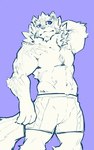 anthro biceps blue_eyes bottomwear clothed clothing male muscular muscular_anthro muscular_male navel pecs purple_background shorts simple_background solo topless heylaw21 lifewonders live_a_hero sadayoshi canid canine mammal absurd_res hi_res sketch