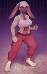 anthro athletic athletic_anthro athletic_female bottomwear clothed clothing crop_top digitigrade ears_down female frown fully_clothed long_ears looking_at_viewer pants pivoted_ears shirt solo standing tank_top topwear romarom beastars kyuu_(beastars) domestic_rabbit lagomorph leporid lop_rabbit mammal oryctolagus rabbit absurd_res digital_media_(artwork) hi_res shaded