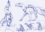 2022 2_tails 3_toes ambiguous_gender backpack beak claws clothed clothed_feral clothing collar collar_tag feet female_(lore) feral harness harness_ring hellhound_(zdnoz) hi_res jagged_beak ket-dawnatsunset looking_away mistletoe monochrome multi_tail multiple_poses muscular muscular_feral o-ring open_beak open_mouth pen_(artwork) plant pose pouch_(clothing) raised_leg simple_background sitting sitting_on_ground sketch sketch_page solo tail teeth toes tongue toothed_beak traditional_media_(artwork) walking white_background