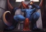 2017 4_toes abs adobe_photoshop_(artwork) anthro biceps blonde_hair bottomwear bulge chair chunie claws clothed clothing detailed_background digital_media_(artwork) digital_painting_(artwork) digitigrade dragon feet furniture hair horn inside loincloth loincloth_only looking_at_viewer looking_down male muscular muscular_anthro muscular_male mythological_creature mythological_scalie mythology obliques pecs scalie sitting smile solo tail teryx_commodore throne toe_claws toes topless yellow_eyes