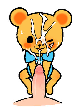 :3 anthro barefoot black_eyes black_nose blue_clothing blue_shirt blue_topwear bodily_fluids bottomless bottomless_anthro bottomless_female clothed clothing cum cum_in_mouth cum_inside cum_on_face duo feet female first_person_view genital_fluids genitals humanoid_genitalia humanoid_penis looking_at_viewer male male_pov monotone_body one_eye_closed open_mouth orange_inner_ear penis shirt short_sleeves simple_background sitting smile t-shirt topwear white_background yellow_body young young_anthro shinodage cookie's_bustle cookie_blair bear human mammal teddy_bear_(species) 2023 aliasing digital_media_(artwork) low_res