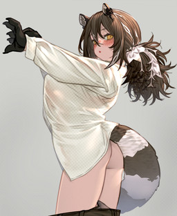 blush breasts brown_hair butt clothing ear_piercing ear_ring female grey_background hair looking_back open_mouth piercing ring_piercing shirt simple_background solo tail topwear white_clothing white_shirt white_topwear gothope arknights hypergryph studio_montagne robin_(arknights) animal_humanoid humanoid mammal mammal_humanoid procyonid procyonid_humanoid raccoon_humanoid 2023 digital_media_(artwork) hi_res