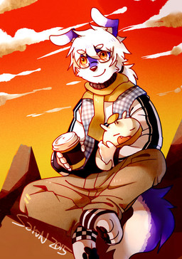 ambiguous_gender anthro black_clothing black_topwear bottomwear brown_bottomwear brown_clothing brown_pants closed_smile clothed clothing cloud duo eyebrow_through_hair eyebrows floppy_ears front_view fur glistening glistening_eyes hair male messy_hair mouth_closed orange_eyes orange_sky outside pants purple_body purple_fur scarf short_hair sitting sky smile topwear translucent translucent_hair white_body white_clothing white_fur white_hair white_topwear yellow_scarf asnnonaka arcticsaron canid canine canis domestic_dog mammal 2015 dated signature