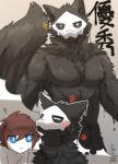 abs anthro biceps black_body black_fur blue_eyes blush bone brown_hair duo fur hair imagination male male_anthro mask muscular muscular_male pecs skull text akiya-kamikawa changed_(video_game) lin_(changed) puro_(changed) canid canine goo_creature mammal 2018 digital_media_(artwork) hi_res translated