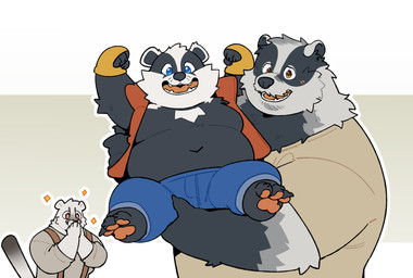 anthro belly blush bottomwear chibi clothing fingerless_gloves gloves group handwear holding_another male moobs navel overweight pants pawpads size_difference topwear trio vest quanjiang bradley_the_badger_(game) echo_(series) echo_project the_smoke_room bradley_(bradley_the_badger) nikolai_krol samuel_ayers badger mammal mustelid musteline absurd_res hi_res