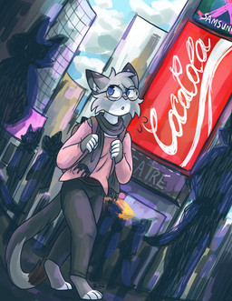 advertisement anthro backpack billboard blush bottomwear city city_background cityscape clothed clothing crowd eyewear femboy fully_clothed glasses grey_bottomwear grey_clothing grey_pants group male outside overwhelmed pants pink_clothing pink_topwear scarf shadow sky solo_focus theater topwear clefdesoll coca-cola nixuelle domestic_cat egyptian_mau felid feline felis mammal absurd_res digital_media_(artwork) hi_res shaded