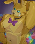 abs anthro barazoku biceps big_muscles biped black_sclera blue_eyes floppy_ears fur glowing glowing_eyes looking_at_viewer male muscular muscular_anthro muscular_male pecs presenting_armpit solo yellow_body yellow_fur denmakug0 five_nights_at_freddy's five_nights_at_freddy's_3 into_the_pit scottgames spring_bonnie_(fnaf) lagomorph leporid mammal rabbit 2024 4:5 absurd_res hi_res