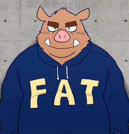anthro biped brown_body clothing hoodie kemono male overweight overweight_male solo text text_on_clothing text_on_hoodie text_on_topwear topwear kick_(artist) fat_hoodie meme_clothing mammal suid suine sus_(pig) wild_boar 2015 meme