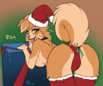 2015 anthro blush butt canid canine canis christmas clothed clothing conditional_dnp digital_media_(artwork) domestic_dog exposure_variation female fluff-kevlar fluffy fluffy_tail fur green_eyes hat headgear headwear holidays kissing_bough looking_at_viewer looking_back looking_back_at_viewer mammal mistletoe panties plant pomeranian rika_(rika) simple_background solo spitz tail text tongue underwear