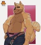 anthro body_hair brown_body brown_fur clothing eyewear fur glasses male mature_male nipples simple_background solo unbuttoned_pants underwear takoyakiboilol pankin_(character) canid canine mammal maned_wolf digital_media_(artwork) hi_res